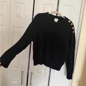 Black Ribbed Crewneck Sweater with Gold Shoulder Buttons